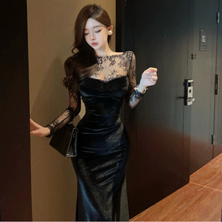 Miguo 法式性感蕾絲拼接氣質顯瘦包臀連衣裙 禮服長裙洋裝