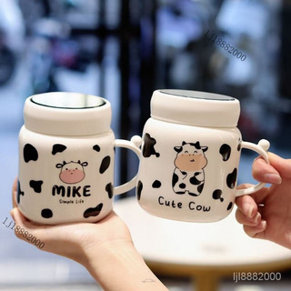 💯台灣出貨#可愛馬剋盃創意帶蓋勺高顔值盃子女生傢用大容量陶瓷咖啡情侶水盃