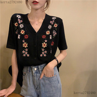 薄外套 韓版夏季小香風v領刺繡冰絲薄款短袖BM針織小外套女士刺繡洋氣外套上衣 西裝外套 女外套 防曬外套 涼感kerta