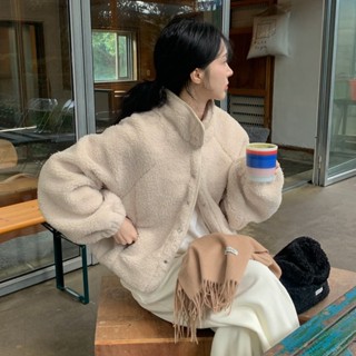 韓國chic複古休閒慵懶風保暖立領單排扣小個子羊羔毛外套女