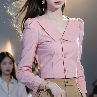 今年流行的漂亮小衫高階感輕熟法式小眾絶美粉色長袖上衣2024秋季