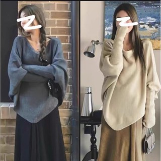 S-XL 大尺碼毛衣 大碼女裝 針織上衣 法式氣質蝙蝠袖不規則毛衣女秋冬季新款寬松慵懶風針織衫