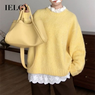 IELGY 黃色圓領套頭毛衣女慵懶風寬鬆加厚針織毛衣