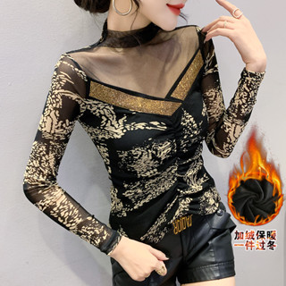 歐洲站2024新款加絨加厚保暖方領露鎖骨鑲鑽上衣女秋冬季皺褶長袖