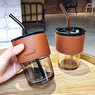 竹節杯帶吸管玻璃杯咖啡杯女高顔值杯子家用喝水吸管杯水杯果汁杯