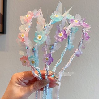 現貨ღ唯美花環ღ 兒童花環飄帶編髮頭箍女童2025新款蝴蝶髮箍女孩 漢服甜美珍珠髮箍