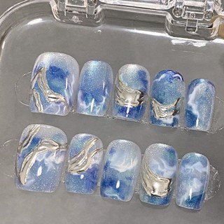 新品現貨藍色手工貓眼夢幻手繪魚尾手工美甲貼片可拆卸指甲日顯白穿戴甲20250512