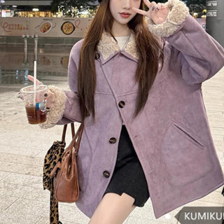 （2024新款）感翻領麂皮絨夾克外套女冬季加厚羊羔毛拼接保暖大衣紫色上衣韓版外套 保暖外套 東大門