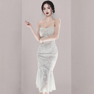 2024夏季韓版淑女時尚氣質抹胸蕾絲純色打底連衣裙無袖禮服魚尾裙