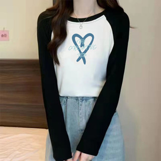 胖胖美依 上衣 長袖T卹 印花上衣 中大尺寸 保暖 M-3XL新款不規則長袖上衣T卹撞色拼接上衣-2562.