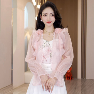 現貨速發#韓版上有 女生著裝2025新款粉色立體花朵薄紗蕾絲亮片防曬衫女長袖小外套氣質外套上衣長袖上衣