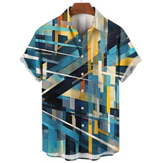男士時尚襯衫 3d 彩色線條印花男士服裝休閒短袖街頭酷上衣 T 恤超大襯衫和襯衫