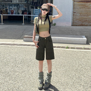 【HOT 本舖】 ~復古多口袋工裝牛仔中褲女2025夏季新款顯瘦直筒五分短褲ins
