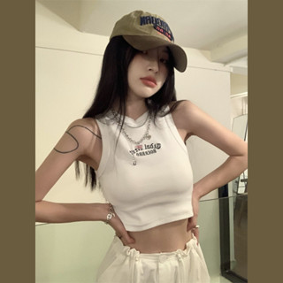 吊帶女生 韓版 背心 短版上衣 修身顯瘦 性感露臍 削肩無袖 精緻字母刺繡 時尚百搭