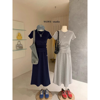 休閒運動套裝女夏季蝴蝶刺繡短袖上衣+鬆緊腰半身裙時尚兩件套潮 洋裝
