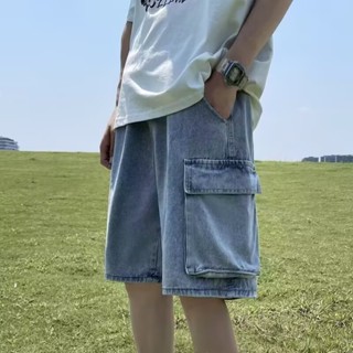 【HOT 本舖】男裝 闊腿口袋五分牛仔工裝寬鬆夏季百搭男中褲休閒潮牌短褲