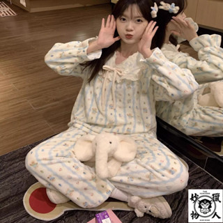 公主風珊瑚絨睡衣女鞦鼕季加厚2024新款甜美可愛法蘭絨傢居服套裝女款加絨居傢服-厚實保暖睡衣褲-法蘭絨熊掌睡衣睡褲-可愛
