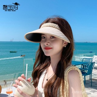 夏季防曬遮陽空頂帽韓版百搭珍珠帽子女黑膠大簷髮箍款太陽帽