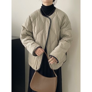 小香風撞色拚接無領菱格羽絨棉服女冬季超好看短款圓領棉衣外套