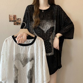 大尺碼蕾絲上衣 圓領T恤女 重工釘珠亮晶晶短袖t恤女 夏季新款寬鬆顯瘦提花上衣