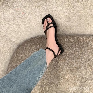 💯蝦皮精選直供#ins韓國~涼鞋女夏款軟皮方頭細帶套趾僊女度假風沙灘平底羅馬鞋
