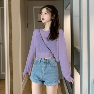 《現貨下單》夏季2023新款寬鬆顯瘦短版露肚臍防曬罩衫上衣女薄款冰絲長袖t恤