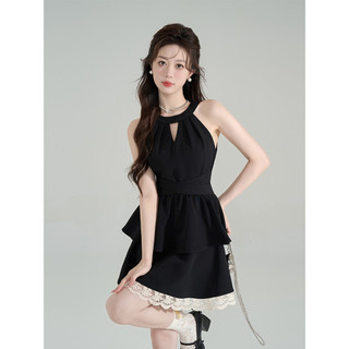 【夏天Summer】🔥赫本風黑色掛脖連衣裙女夏季 新款富家千金氣質蛋糕裙公主裙子 小個子掛脖連衣裙 溫柔風A字裙 洋裝
