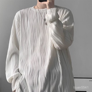 [現貨現髮]秋季長袖T恤男學生韓版寬鬆褶皺紋理上衣氣質圓領套頭休閒男裝潮