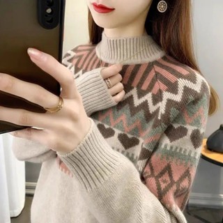 ELLAS✨半高領針織上衣 復古民族風 寬鬆毛衣女 提花上衣 內搭 女生秋冬季加厚長袖針織打底衫 女裝
