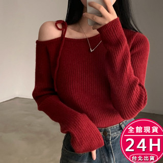 【梨卡】隔日到貨 女裝 毛衣 針織 不規則斜領 露肩繫帶上衣 顯瘦長袖 針織毛衣女 修身毛衣 WT276【現貨24H】