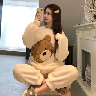 睡衣女冬季加厚法蘭絨睡衣女秋學生可愛珊瑚絨長袖大尺碼家居服套裝 M-2XL 法蘭絨睡衣 女生秋冬睡衣