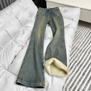 YIFENZI 長褲 S-5XL大尺碼女褲 加絨加厚復古藍直筒牛仔褲女 冬季胖mm高腰遮胯彈力微喇馬蹄褲 直筒牛仔褲