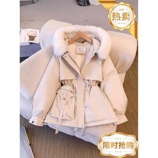 bb-5啵啵優選派克服女新款2024加絨純色保暖棉服寬鬆外套加厚冬季毛領棉襖棉衣