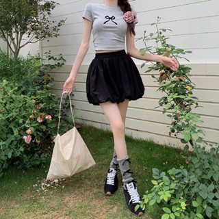 黑花蕾短褲女高腰闊腿顯瘦小三分蓬鬆燈籠褲