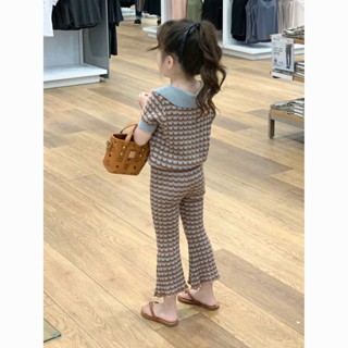 臺灣出貨#【店鋪熱銷】韓國童裝2025夏季款薄款鏤空針織套裝女童藍棕條紋圍巾短袖喇叭褲