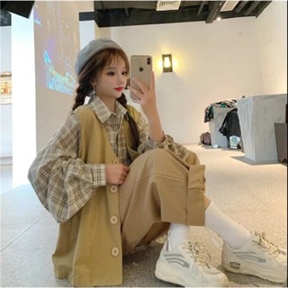 臺灣發貨-M~4XL 大尺碼 女生長袖套裝 韓版 寬鬆 馬甲外套+格子襯衫 兩件套 學院風 時尚百搭 襯衫 簡約 工裝風
