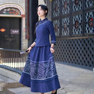 中國服女裝 國風女裝 兩件套裝裙 改良旂袍上衣 中國風洋裝大尺碼 改良式漢服中國漢服 唐裝女上衣女多件式套裝cywwwy