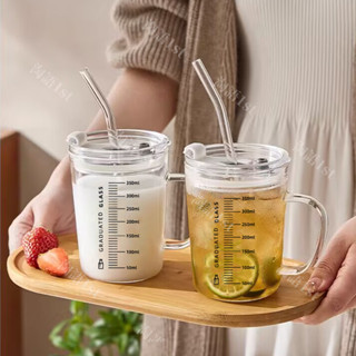 杯子 玻璃杯子 耐熱玻璃杯 隨行杯 隨手杯 隨身杯 刻度牛奶杯帶蓋玻璃杯 吸管杯 早餐吸管杯 茶杯 ins小清新水杯