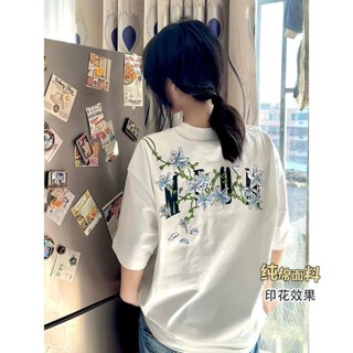 【IDO】100%純棉 T恤 短袖 重磅220gsm藤蔓花卉印花t恤男女夏季短袖oversize純棉短袖上衣