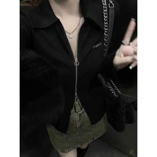胖胖美依 S-3XL 大碼女裝 外套 小外套 中大尺碼 新款設計感拉鍊辣妹T卹女Polo領顯瘦薄款長袖上衣-2254.