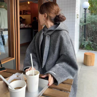 尺寸已更新 韓係氣質溫柔甜美係帶蝴蝶結領連帽保暖毛呢外套大衣