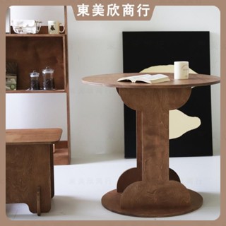 海洋板圓形餐桌 中古風休閒咖啡桌子 木質復古小圓桌