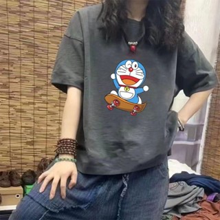 《現貨下單》100%純棉印花t恤女夏季新款外穿百搭運動哆啦a夢t恤中長款上衣潮寬鬆上衣衣短袖短袖上衣純棉t恤上衣