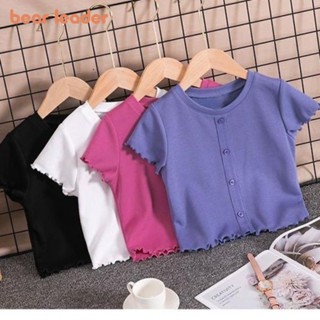 小熊領隊夏季新款短袖女童衣服韓版純色基本款T恤圓領上衣兒童休閒裝