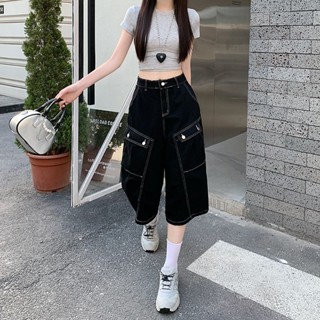 【HOT 本舖】 ~明線牛仔短褲女夏季新款美式多口袋褲子寬鬆闊腿七分褲
