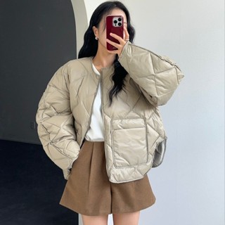 韓國chic冬季新款複古圓領簡約設計款長袖棉服外套