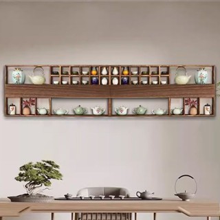 廠商直銷 限時免運【博古架 茶具收納架】新中式博古架實木掛墻客廳置物架墻上多寶閣格子架簡約掛式茶具架i4z6r5ma3p