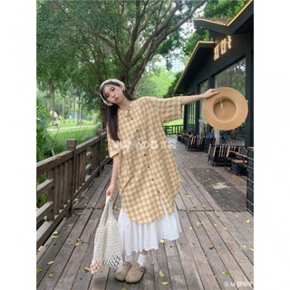 🧃高階感穿搭 格子單排扣連身裙女夏季2024新款韓系寬鬆休閒減齡短袖疊穿長裙子 疊穿洋裝長裙 外搭連身裙