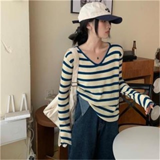 條紋針織衫女秋季2024新款洋氣內搭打底衫設計感小眾長袖寬鬆上衣