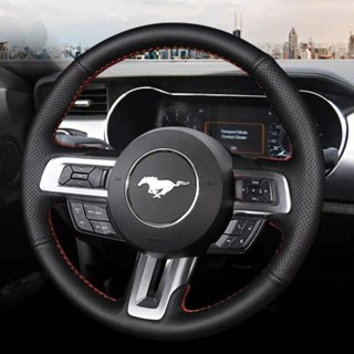手縫防滑汽車方向盤套汽車內飾適用於福特野馬 GT 2015-2021 DIY 黑色牛皮皮革汽車零件汽車裝飾